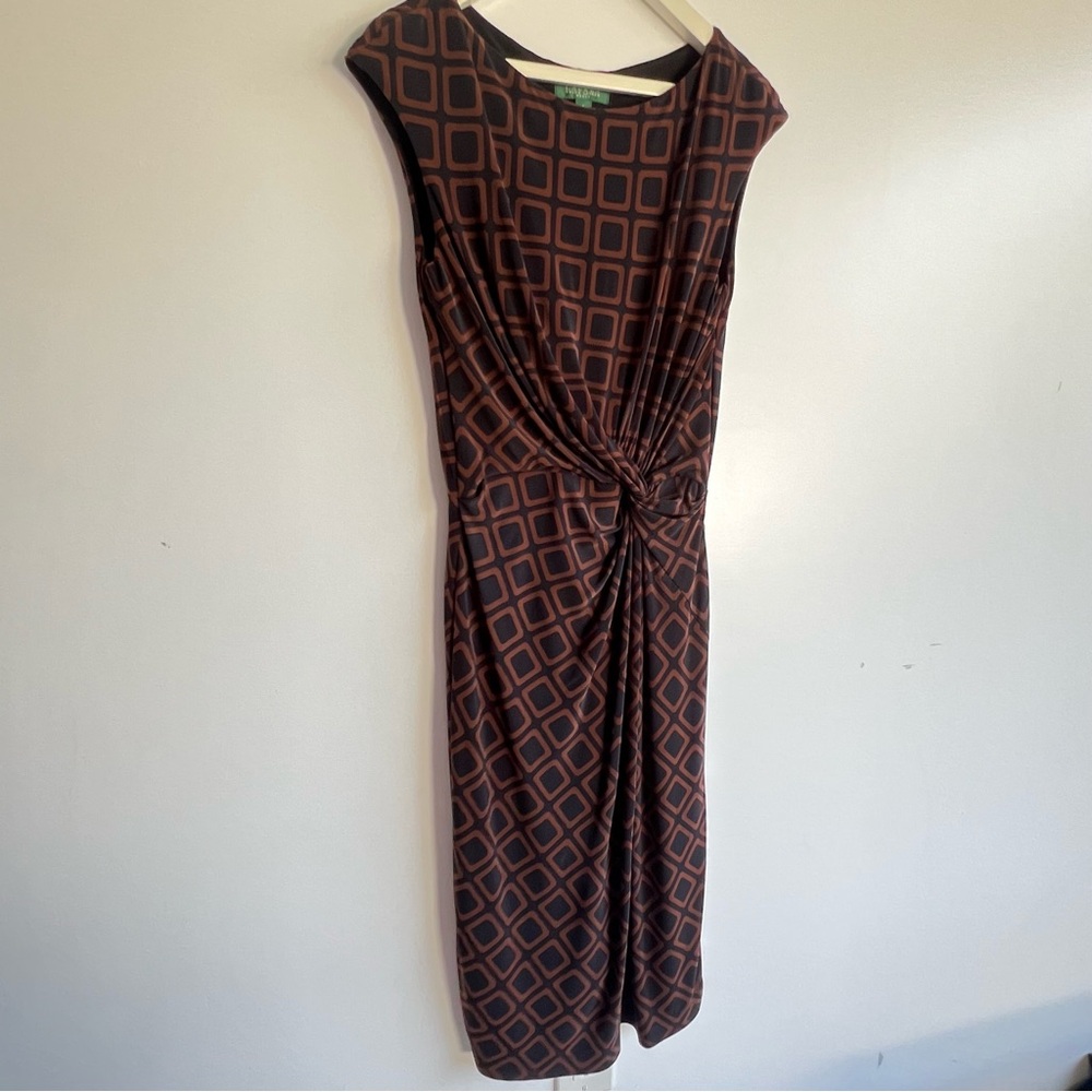 Lauren Ralph Lauren Dress Size 8 Brown Black Geometric Knot Sheath Stretch Midi - Picture 4 of 13
